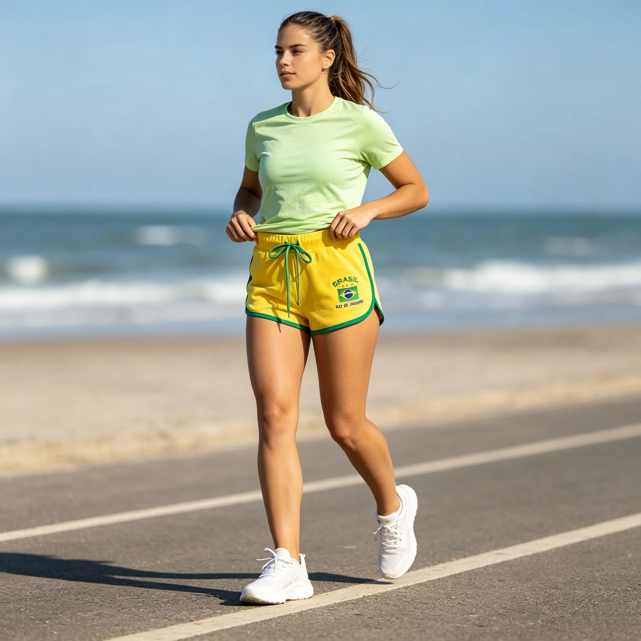 American retro Brazilian flag embroidered unisex shorts with drawstring, contrasting colors, and edging, sports shorts