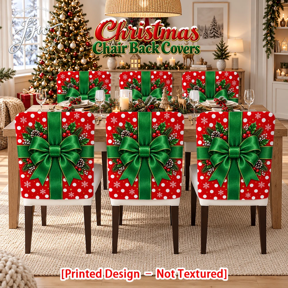 6/4/2pc Christmas Snowflake Dot Chair Back Covers, Xmas Holiday Gift Bow Dining Chair Slipcovers for Party Dinner Decor