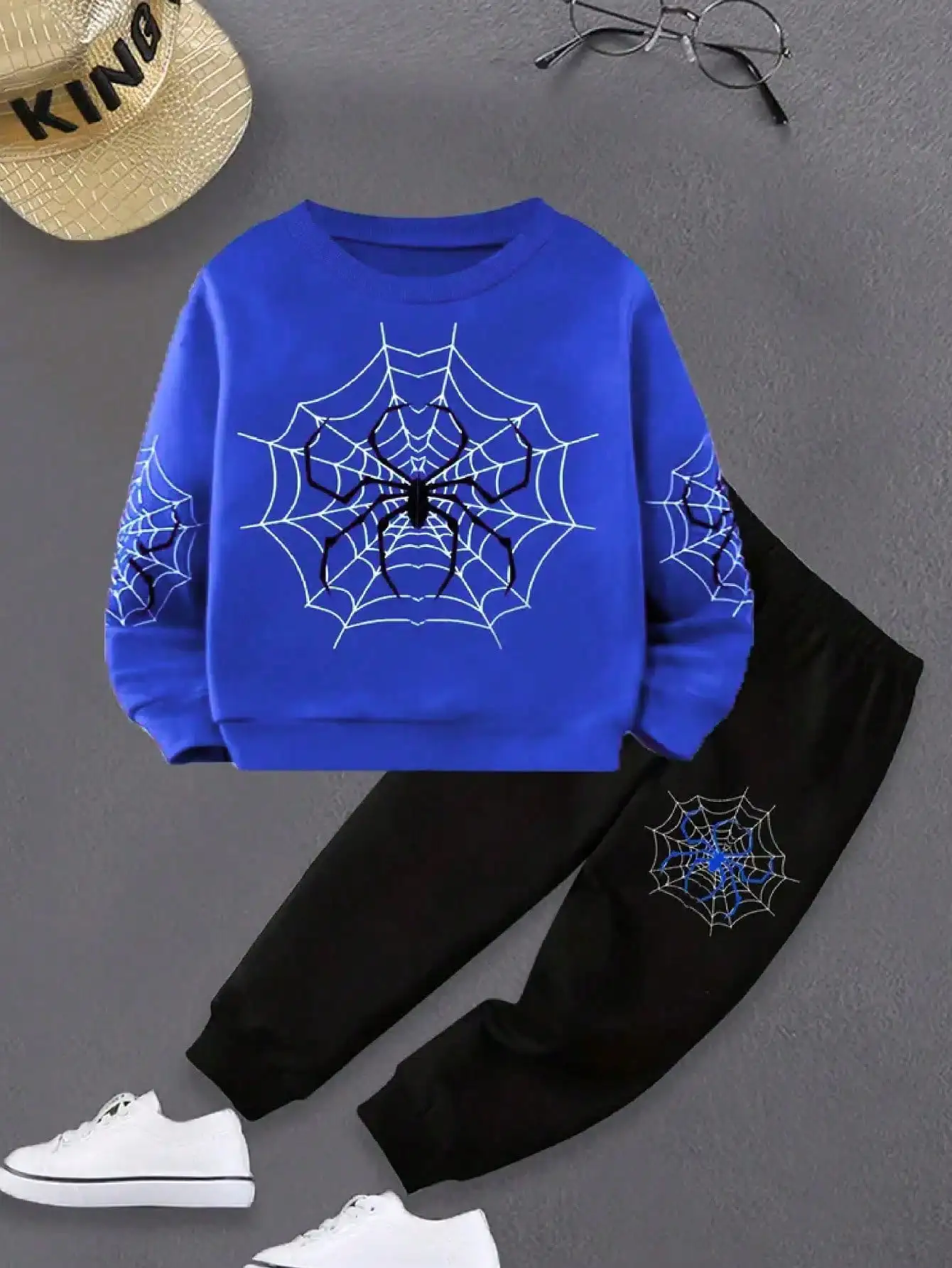 Little boy casual children's super cool spider print blue pullover, popular style, suitable for daily wear