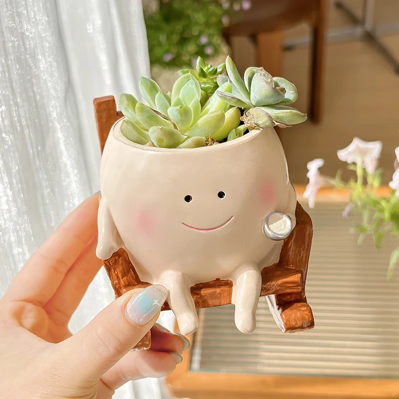 Stylish Cute Cartoon Ghost Resin Succulent Planter Pot Rocking Chair Shaped Flower Pot for Home Office Desk Decor Gift Idea - view 3