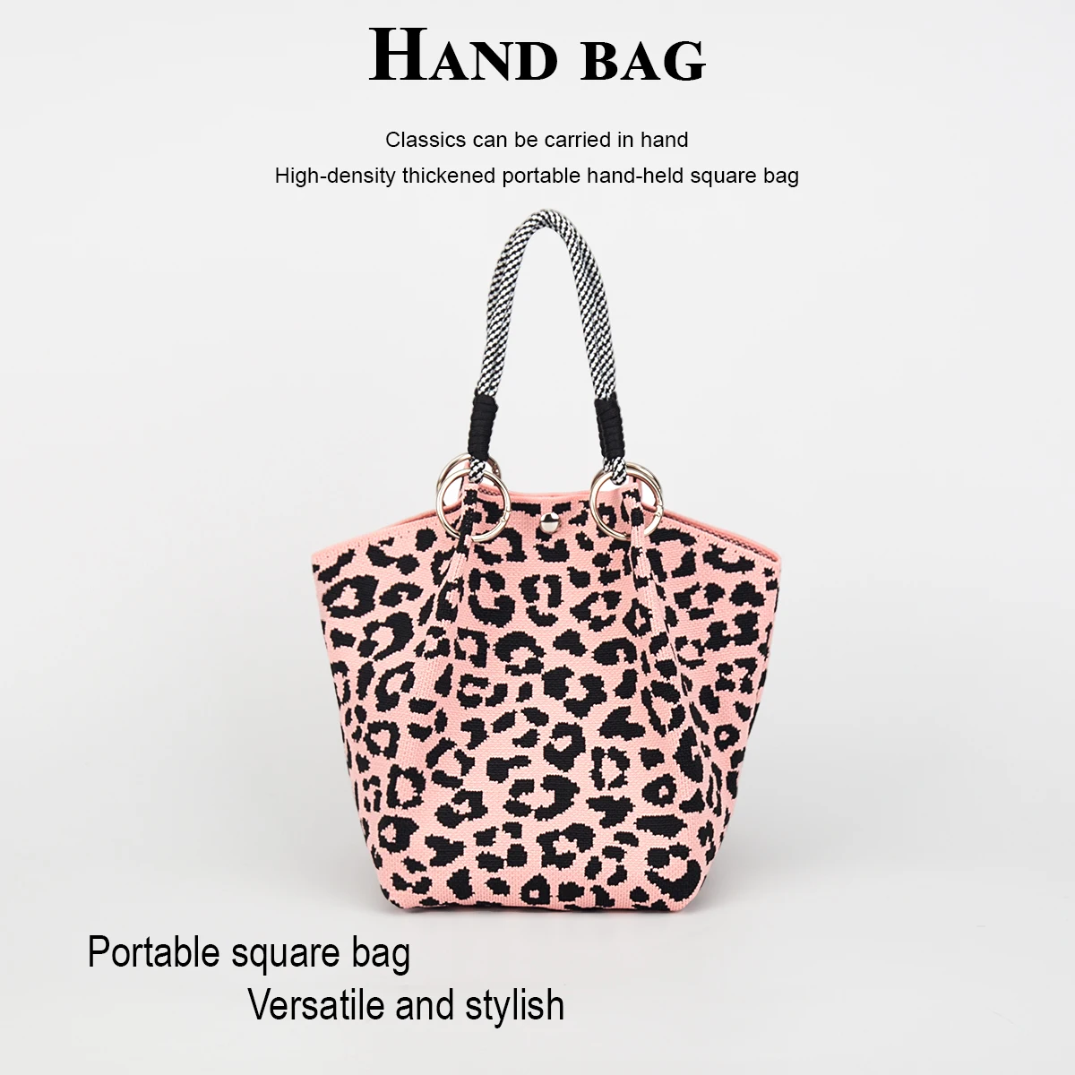 1 Piece of Vintage Leopard Print Knitted Handbag, with Snap Closure, Large Capacity for Holding Mobile Phones, Books, Water Bottles, Cosmetics, Suitable for Women for Shopping, Photography, Travel, Vacation, and Commuting, with Detachable Ring Buckle and Sturdy Multicolor Rope Handle
