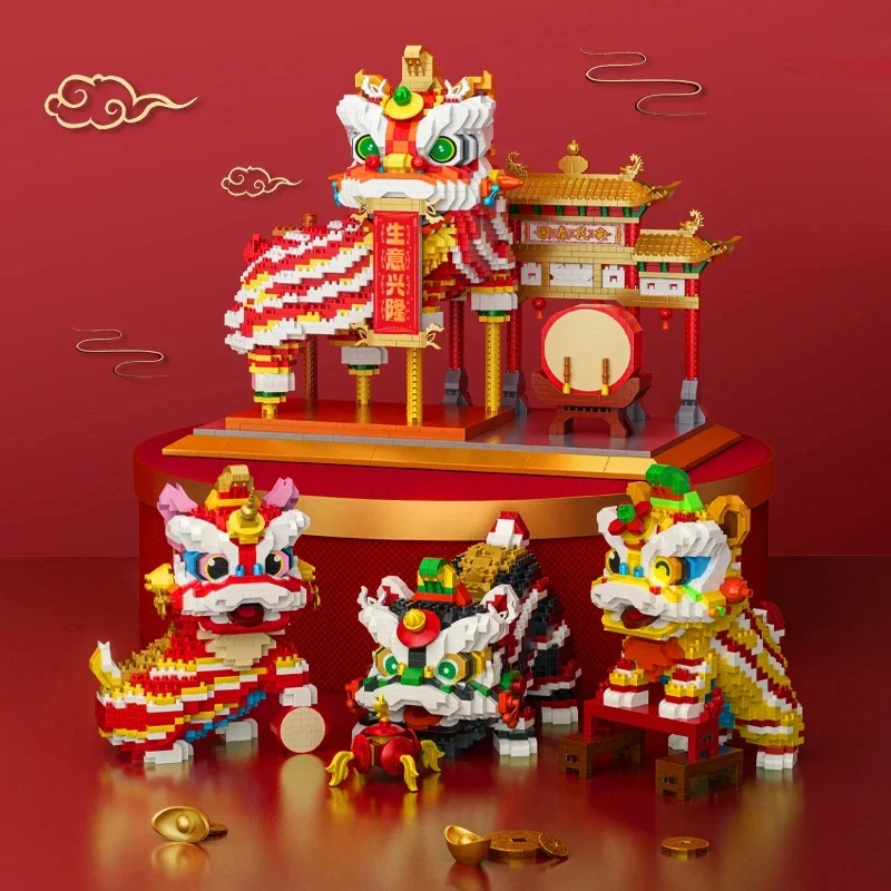 

Chinese Lion Dance Building Blocks Mascot Assemble Small Particle Model Bricks Children's Puzzle Toy Creative Christmas's Gifts
