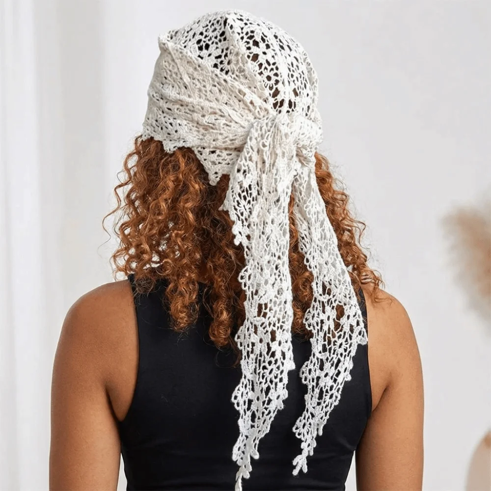 Cute Sheer Mesh Floral Lace Scarf Hollow Design Versatile Strap Triangle Hair Scarf Solid Color Crochet Headscarf Beach Outfits