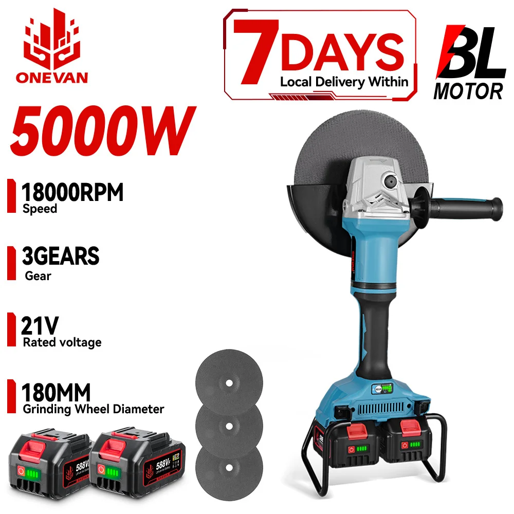ONEVAN – meuleuse d'angle électrique sans balais 5000W, 18000 tr/min, 180mm, coupe sans fil, métal, bois, outils électriques pour Makita, broche de batterie 18V