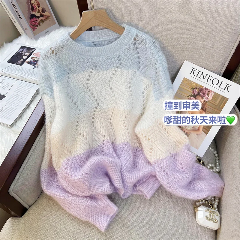 Knitted Pullover Women Sweater Jumper Spring  Autumn Long Sleeved Top Loose Gradual Color Stripe Sweaters Female Clothes