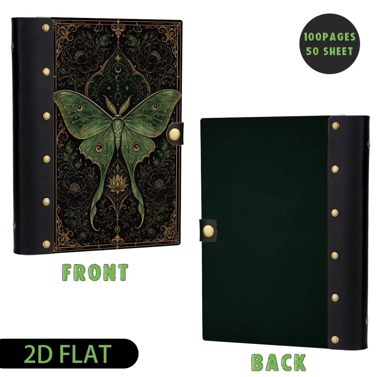1pc Dark Green Luna Moth Black Peony Lotus Wood Leather Binder Notebook, Refillable Loose Leaf, 2D Flat Hard Shell Metal Rivets,