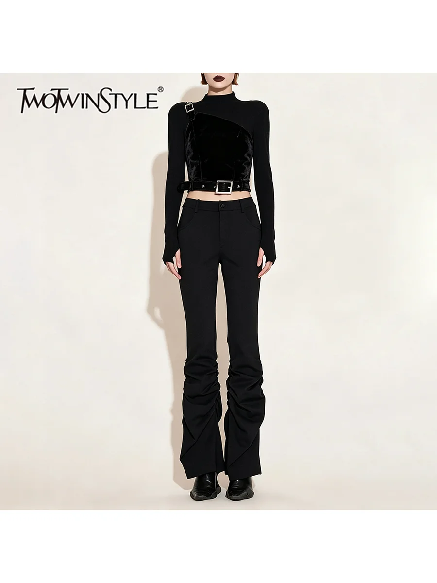TWOTWINSTYLE Solid Spliced Metal Buckle Slimming False Two Piece T Shirt for Women High Neck Long Sleeve Casual T Shirts Female