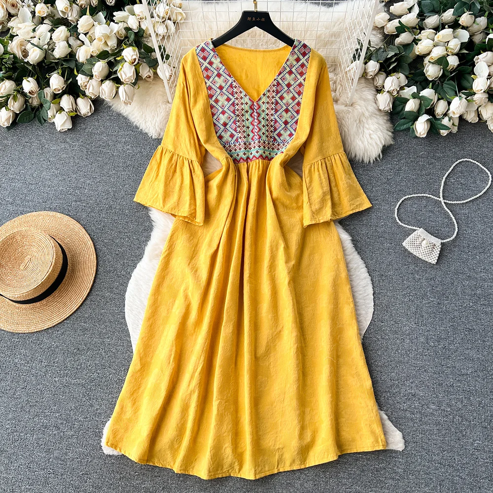 

Croysier Summer Vacation Dresses For Women 2023 Flare Elbow Sleeve Tie Belt Midi Dress V Neck Elegant Vintage Embroidery Dress