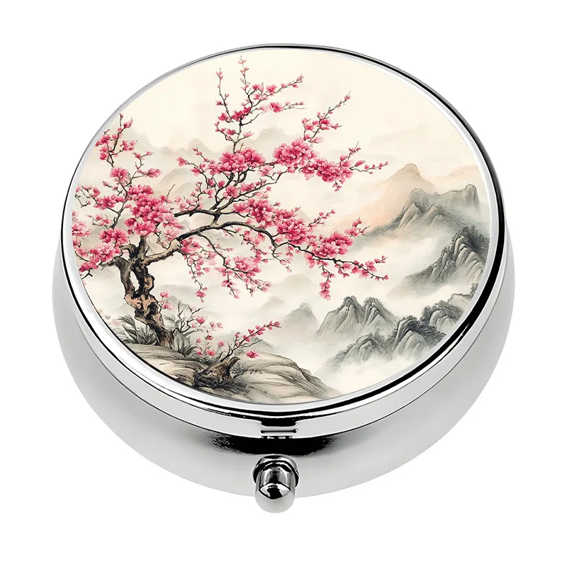 1 Pink Cherry Blossom Mountain Scene Themed Pill Box, 3-Compartment Mini Pill Container, Pill Organizer, Unique Gift Travel Style