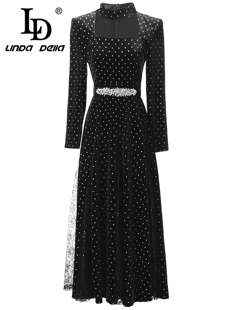 LD LINDA DELLA Autumn winter Fashion Designer Dress Women's Black Dot Long Sleeve Diamond setting Belt Slim Fit Beach Long Dress