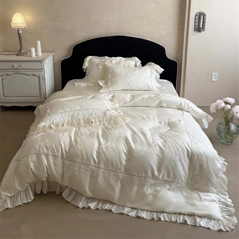 600TC Lyocell Jacquard Luxury Wedding Bedding Set Lace Embroidery Ruffles Bow Duvet Cover Flat/Fitted Bed Sheet Pillowcases 4Pcs