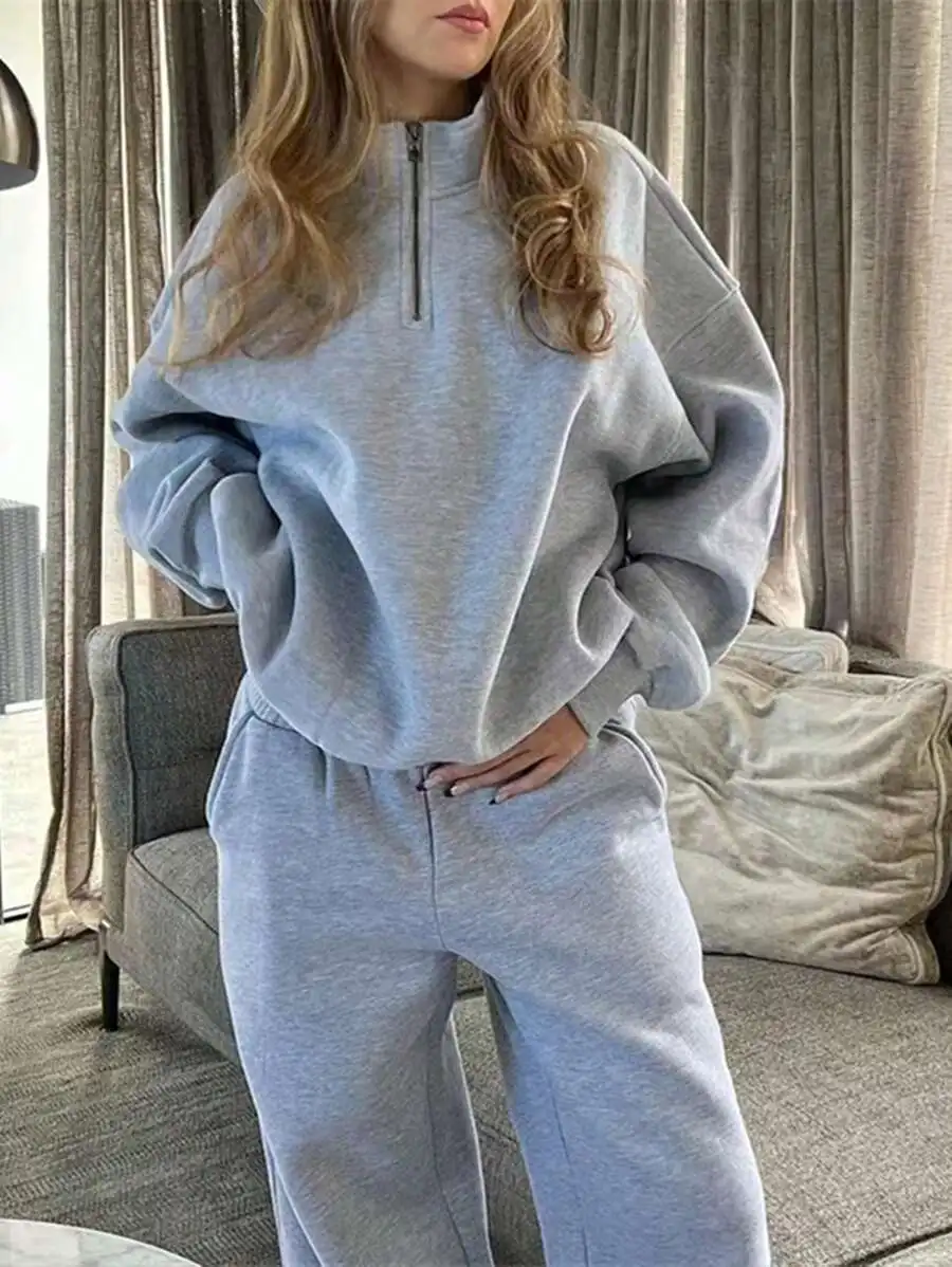 

Women's Solid Color Half-Zip Drop Shoulder Sweatshirt & Loose Pants 2-Piece Set