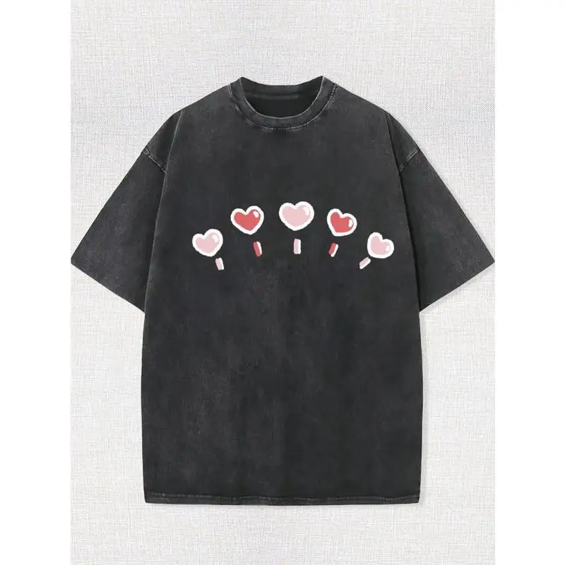 

Women's Vintage Washed T-shirt, Cute Heart Lollipop Graphic Tee, Oversized Kawaii Pink Hearts Aesthetic Streetwear Top