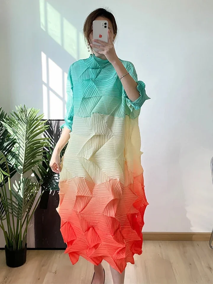 

Pleated Long Dress Women Turtleneck Color Block Fold Loose Dresses Female Elegant Clothing Spring Summer New