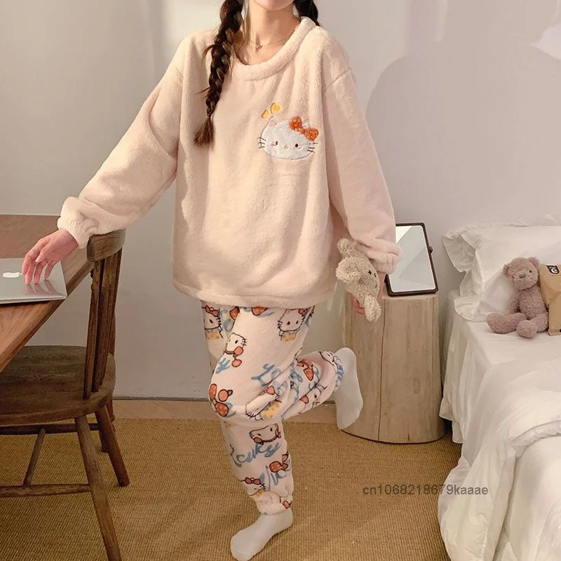 Sanrio Hello Kitty Autumn Winter New Pajama Thick Coral Velvet Cute Home Clothes 2 Piece Set Sweet Y2k Girl Casual Warm Pajamas