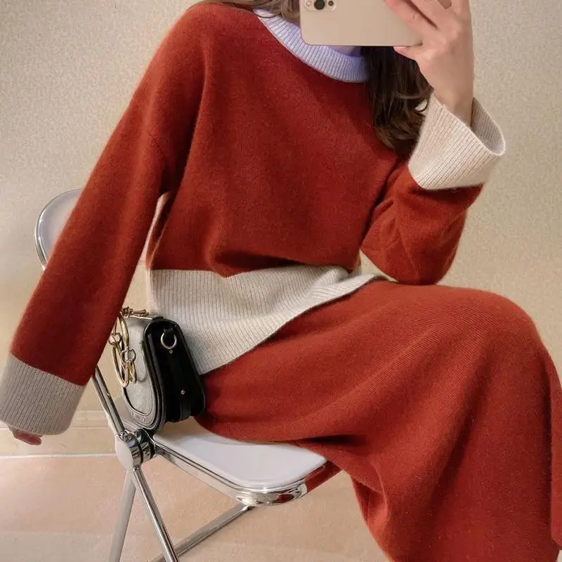 Ternos femininos de malha outono inverno tamanho grande moda coreana nova renda retalhos o pescoço manga longa camisola saia longa 2 peça conjunto