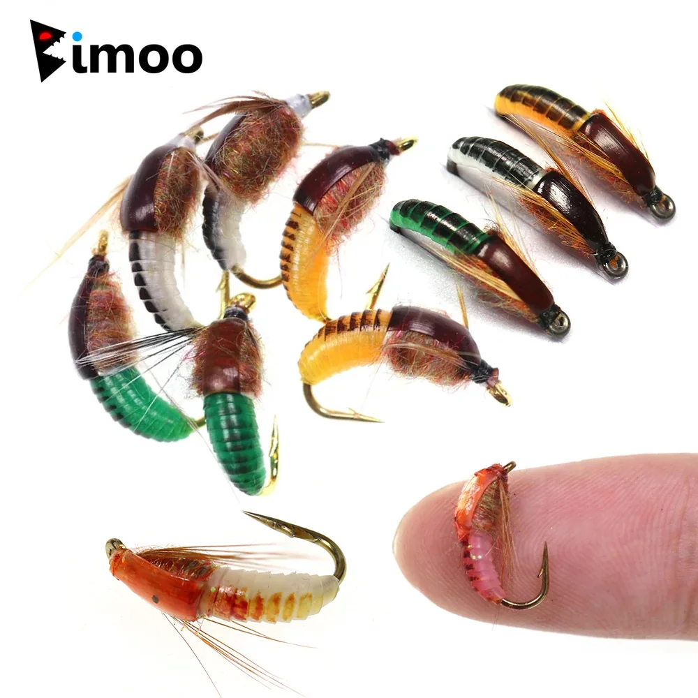 Bimoo 6PCS # 8 # 10 # 12 # 14 mosca realista de ninfa Scud para pesca de trucha, cebo de insecto Artificial, señuelo Caddis, mosca de pesca de ninfa