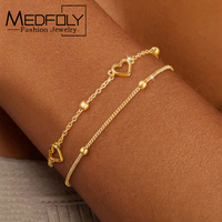 MEDFOLY 2Pcs Layered Bracelets for Women Dainty 14k Gold Plated Waterproof Heart Accessories Hand Chain Jewelry for Lover Mom