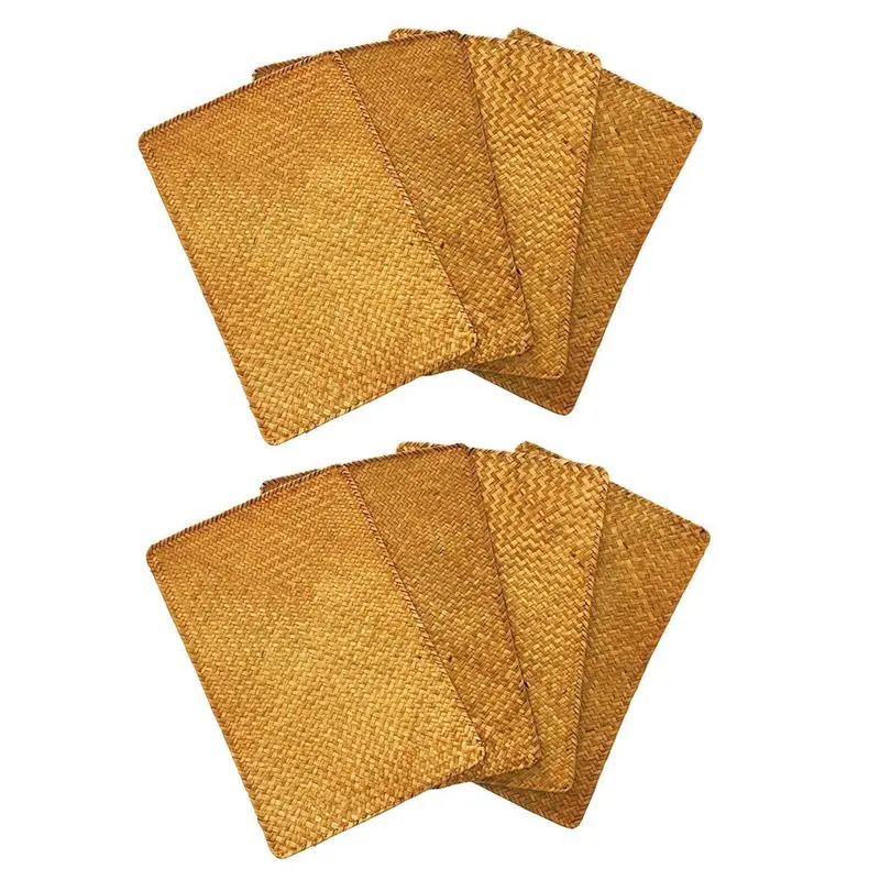ABXF-Pack Of 8, Natural Seagrass Place Mathand-Woven Rectangular Rattan Placemats Straw Tea Cup Mat Potholder