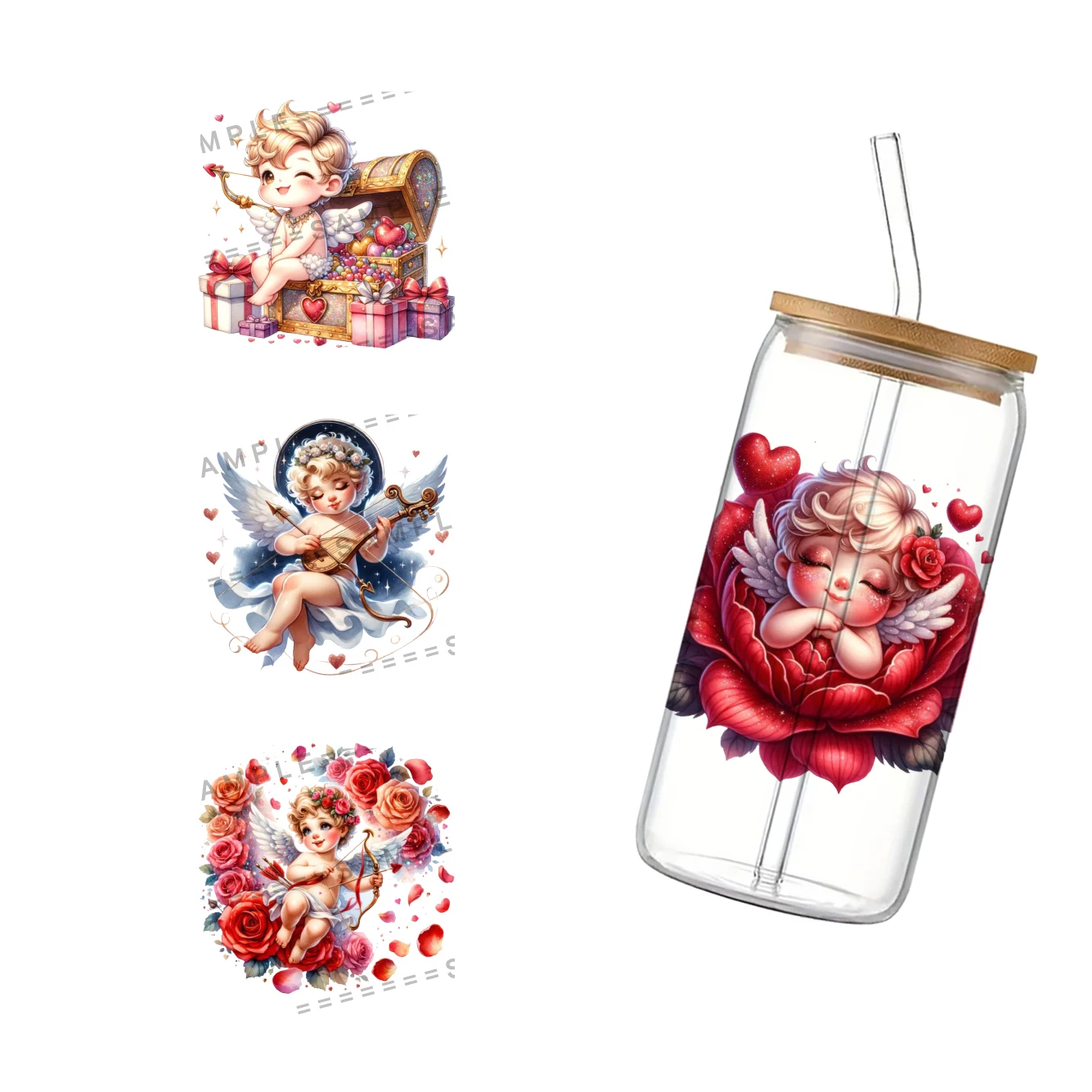 Valentine's Day Cute Angel Cupid For Libbey 16oz Can Glass 3D Waterproof UV DTF Coffee Can Wrap Libbey Glass Wrap 11X11CM