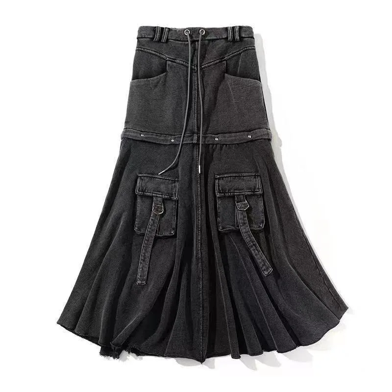 Pocket Patchwork Slim Waist Tunic Summer Solid Causal Drawstring Women Skirts All Match Chic Fashion Elegant Mujer Faldas Denim