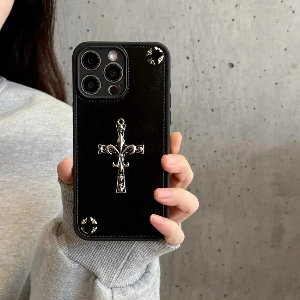 الفاخرة القوطية عالية الجودة جلدية سوداء جراب هاتف آيفون 16 15 14 13 برو ماكس Crocentric المد موضة الغطاء الواقي Funda #3