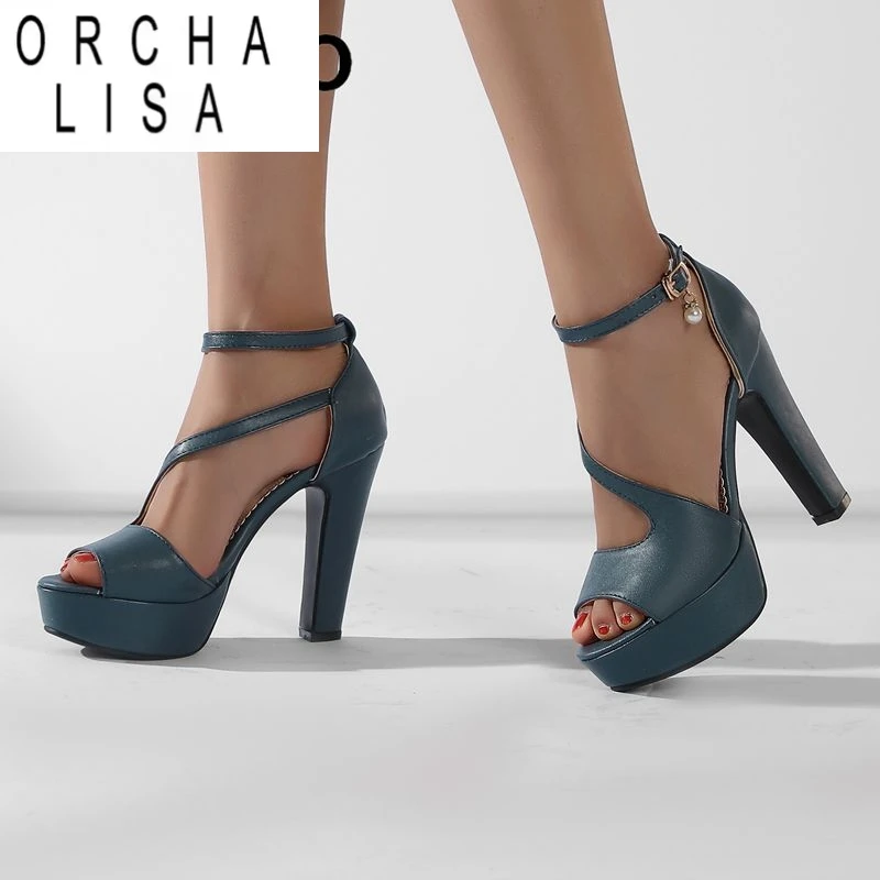 

ORCHA LISA Luxury Sexy Female Sandals Peep Toe Block Heels 11.5cm Platform 3.5cm Buckle Strap Plus Size 47 48 49 50 Dating Shoes