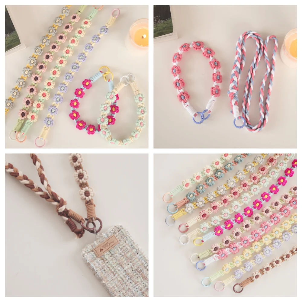 

Crossbody 2 in 1 Long Boho Phone Case Rope Keyring Phone Wristband Daisy Flower Work Card Rope Cellphone Strap Lanyard Pendant
