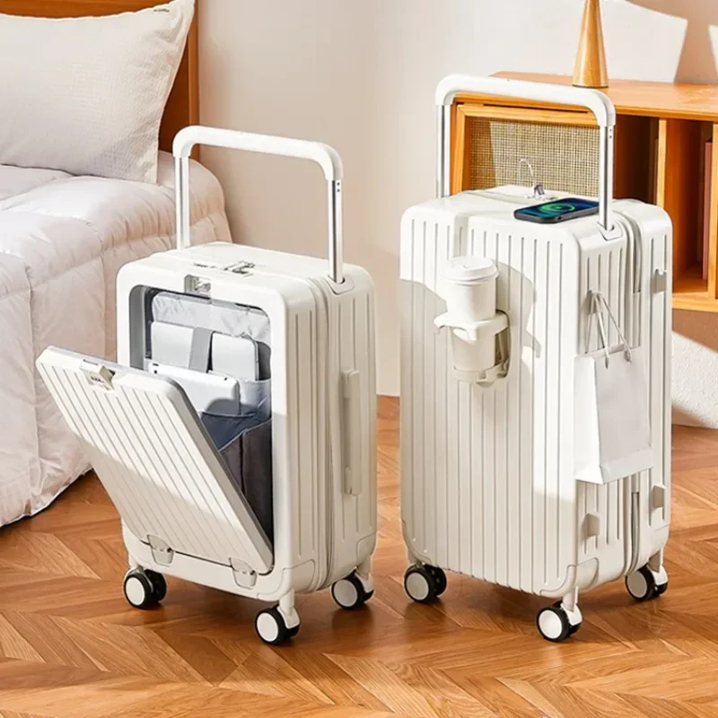 New 20"22"24"26 Inch Travel Suitcase Multifunctional Front Open Cover Trolley Case with Cup Holder Boarding Box Rolling Luggage