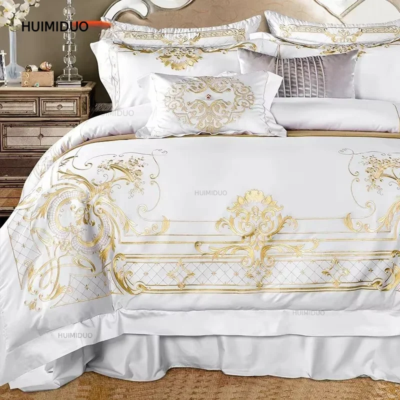 Egyptian Cotton Bedding Set, Duvet Cover, Bed Sheet, Pillowcases, Luxury European Palace Style, Gold Embroidery, 4 Pcs, 7Pcs