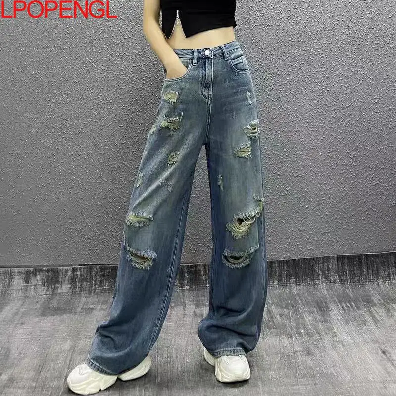 High Street Ripped Drapey Casual Jeans 2025 Spring New High-waisted Loose Straight-leg All-match Wide-leg Floor Mopping Pants