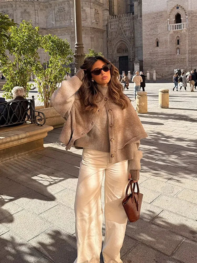 ニットケープカーディガン女性用ショール冬コート女性クロップドコートポンチョ秋ファッションアウターウェア女性のマント2025