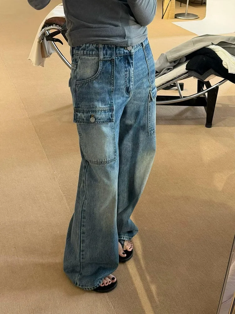 Retro Fashionable Workwear Pants Multiple Pockets Washed Long Pants High Waist Wide Leg Jeans Versatile for Outdoor Autumn