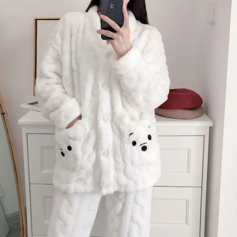 2024 Autumn and Winter New Women Outcoat Flannel Pajamas Autumn Thickened Warm Suit Loose Comfortable Homewear Casual Jacket