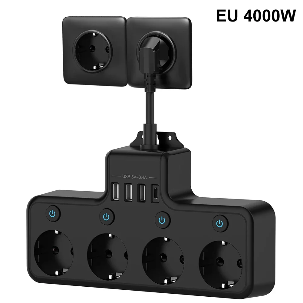 Secure and Space saving 4 Way Power Strip with Individually Switchable EU Sockets and Double Plug for Wall Mounting