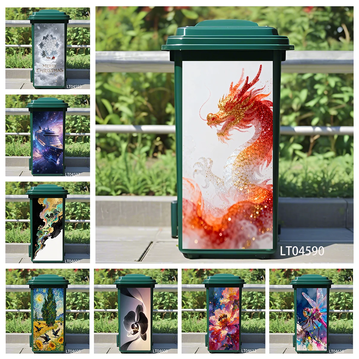Cartoon Animal & Bright Floral PVC Self-Adhesive Trash Can Stickers, Waterproof Wear-Resistant Decals