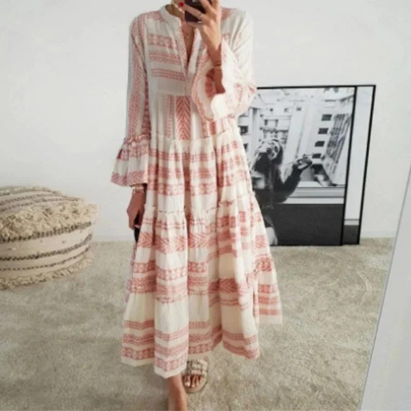 

Womens Boho V-Neck Stripe Floral Print Baggy Tunic Long Pleated Dresses Loose Summer 2024 Beach Holiday Sundress Casual Dress