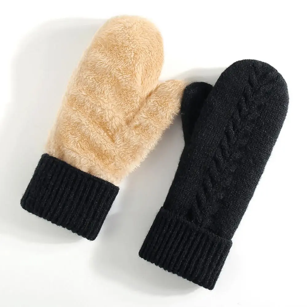 Comfort Fit Double Layer Thickened Knitted Gloves Solid Color Interior Warm Cover Gloves Soft All Fingers Gloves Outdoor Use