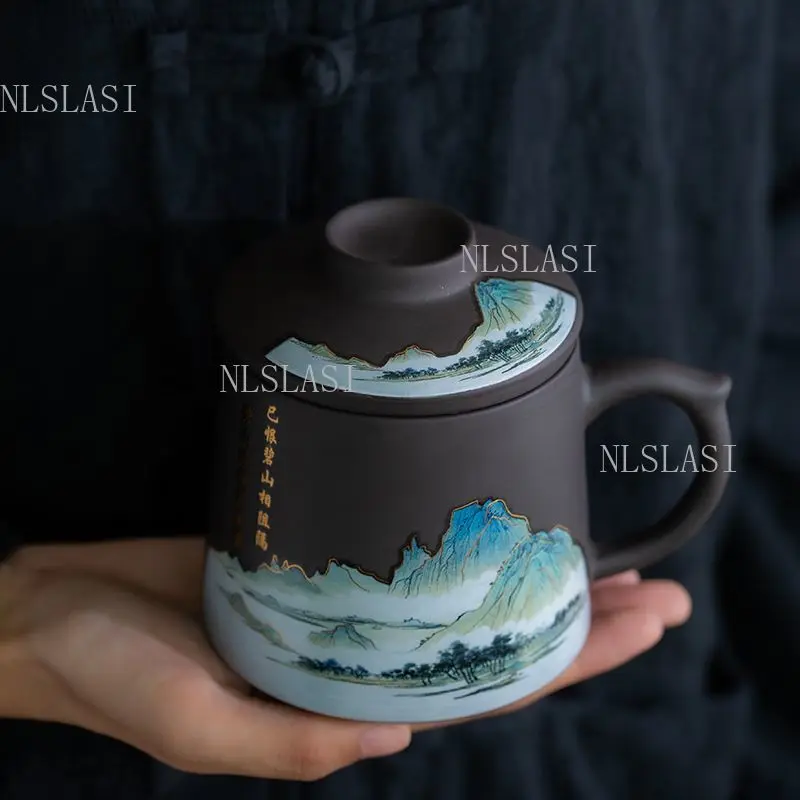 400ml Yixing Zisha Tea Mug with Infuser & Lid Chinese Thousand Li Rivers Mountains Painting Office Tea Cup Filter Tea Tumbler