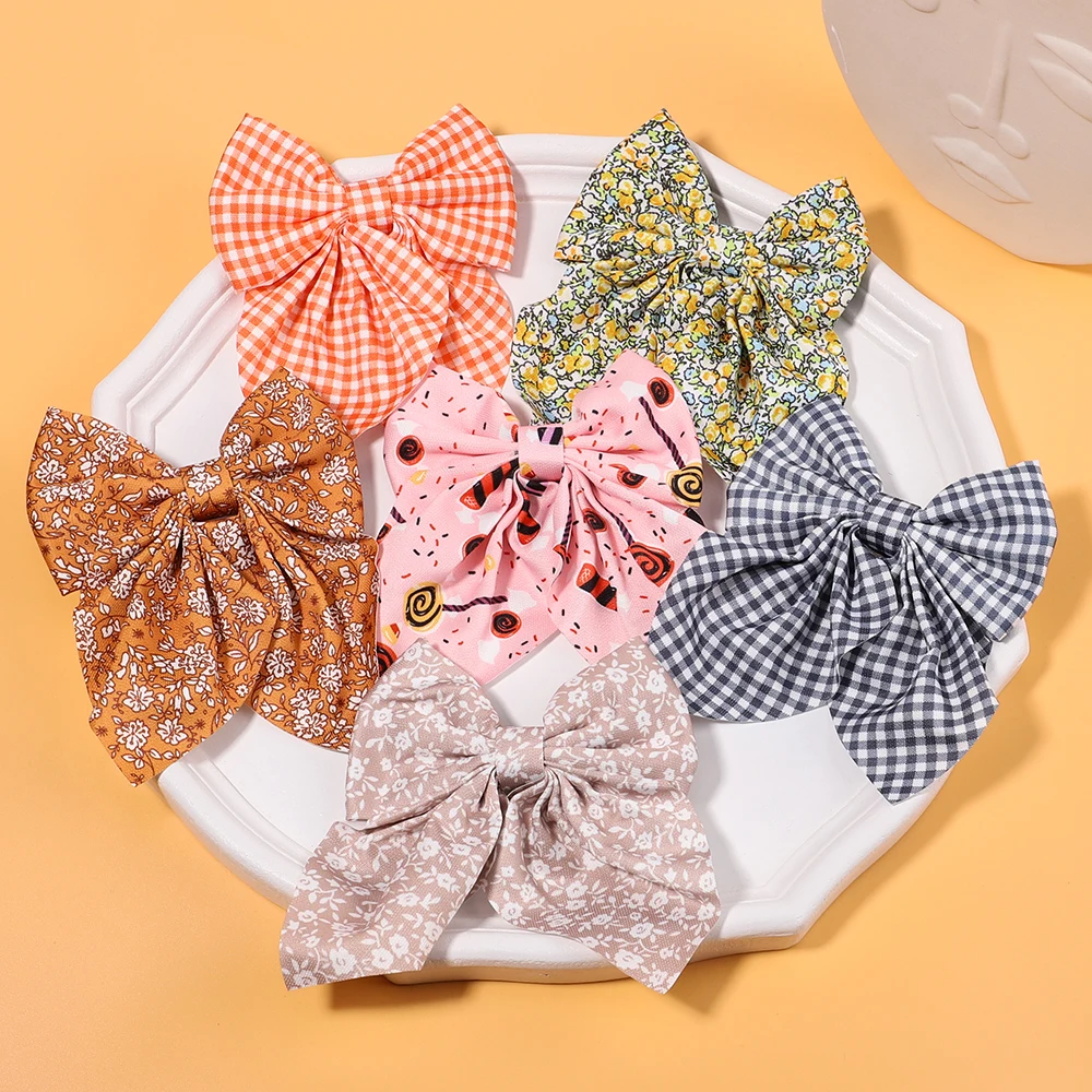 5 Inches Flower Bows Clip Printed Cotton Linen Boutique Women Hairpins Girls Children Plaid Hair Clip Barrettes Hair Accessories