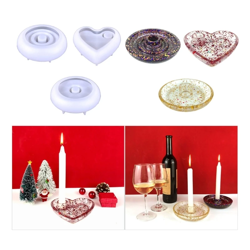 DIY Round Heart Shape Candle Holder Silicone Mold Cement Candlestick Base Jewelry Display Tray Resin Mould Home Party Decoration