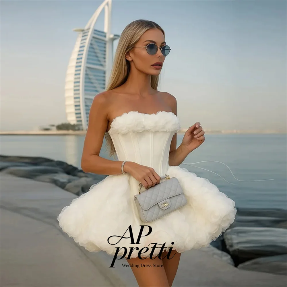 AP pretti Customized Playful Strapless 3D Floral  Bridal Gown Tulle Short Ball Gown Wedding Dresses For Woman Vestidos De Novia
