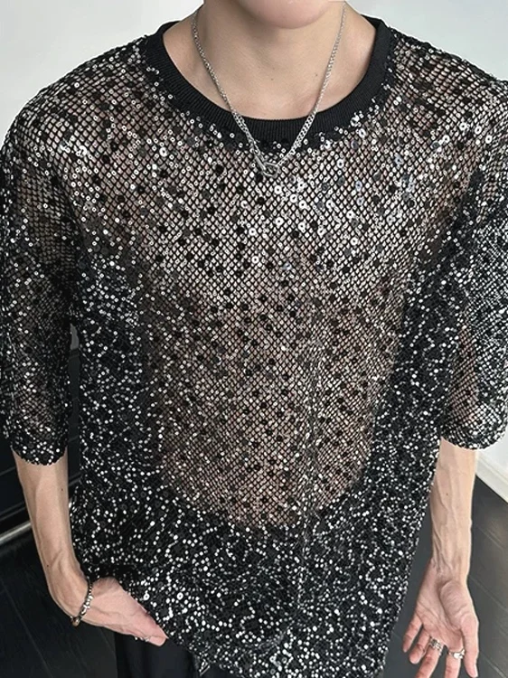 Club Night Starry Highlight Men's T-Shirt Lightweight Long Sleeve Mesh Cover Loose Fit Youth Fashion Party Performance Shirt