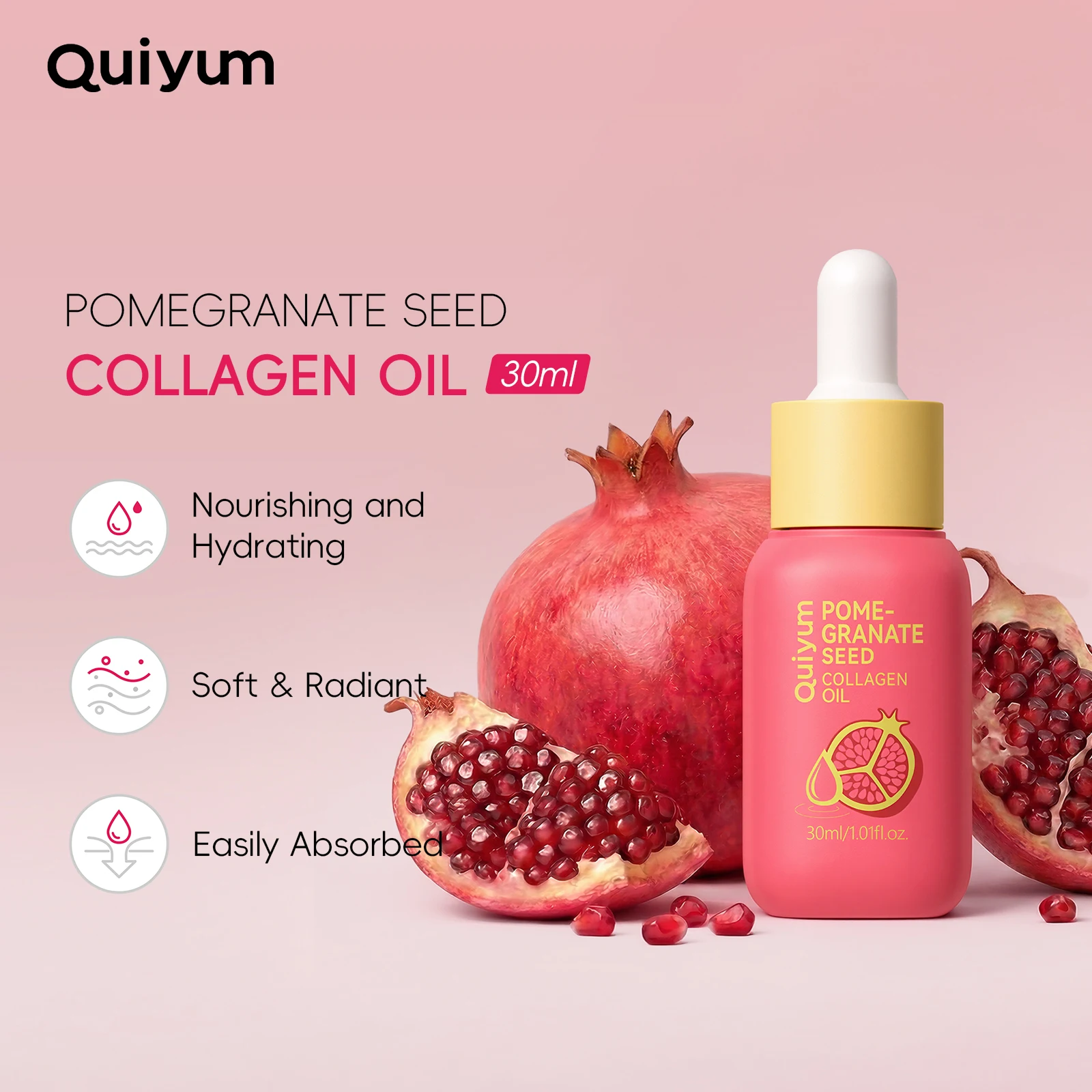 Quiyum Pomegranate Seed Collagen Oil 30ml Multipurpose Facial Body Oil Easily Absorbed Nourishing Hydrating for All Skin Types