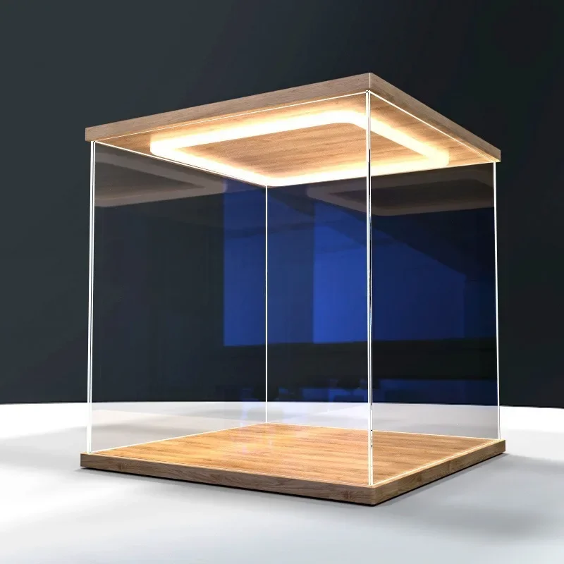 Acrylic return light display box figure wooden dust cover with light multi-size storage cover