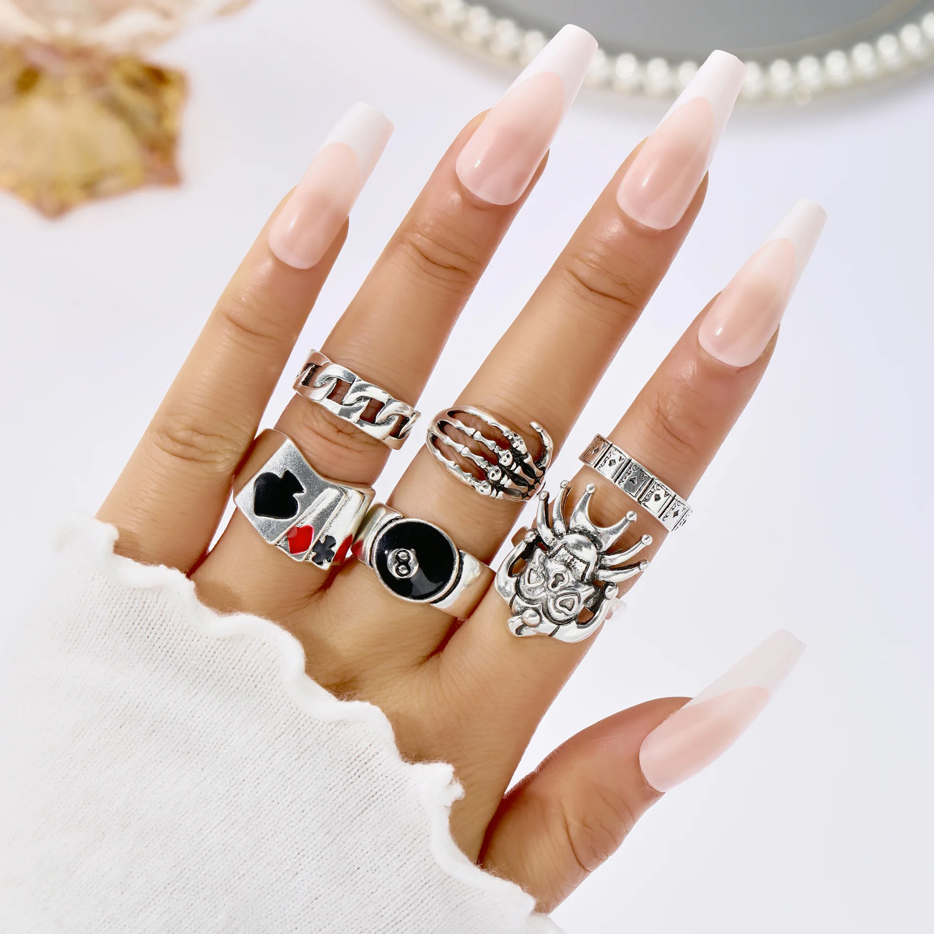 1SET New Retro, Personalized, Trendy, Vintage Skull, Ghost Claw, Poker, Clown, Number 8 Alloy Ring Set, 6-Piece Set, Wholesale