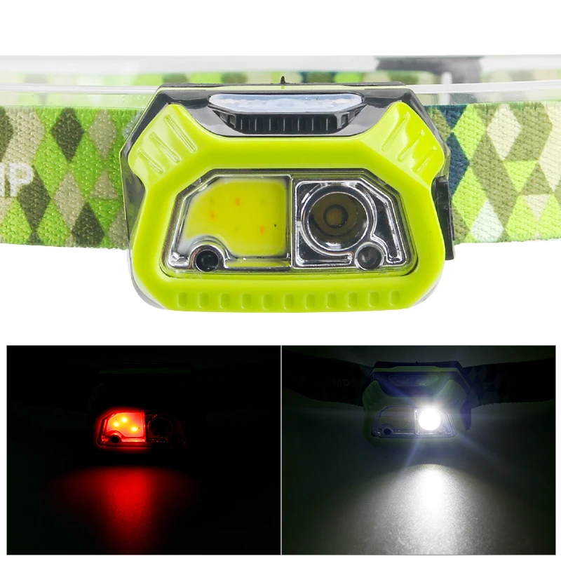 Lampu utama rasa Mini XPE + COB LED, lampu depan sepeda merah & putih USB dapat diisi ulang kepala senter berkemah baterai bawaan