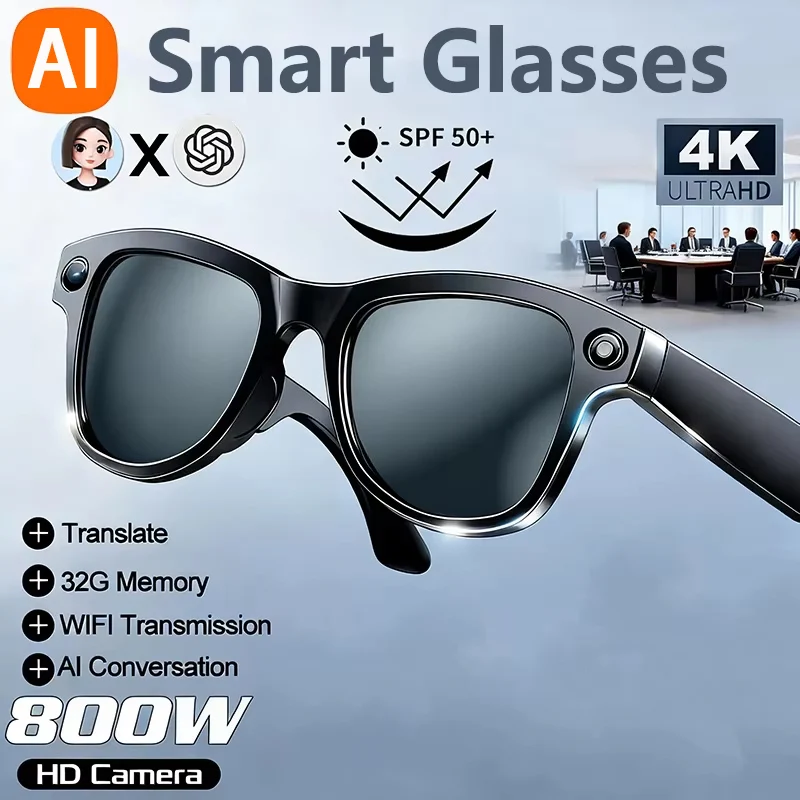 Lunettes intelligentes 8MP avec caméra d'enregistrement, transmission Wi-Fi 4K sans fil, IA et stabilisation de la traduction