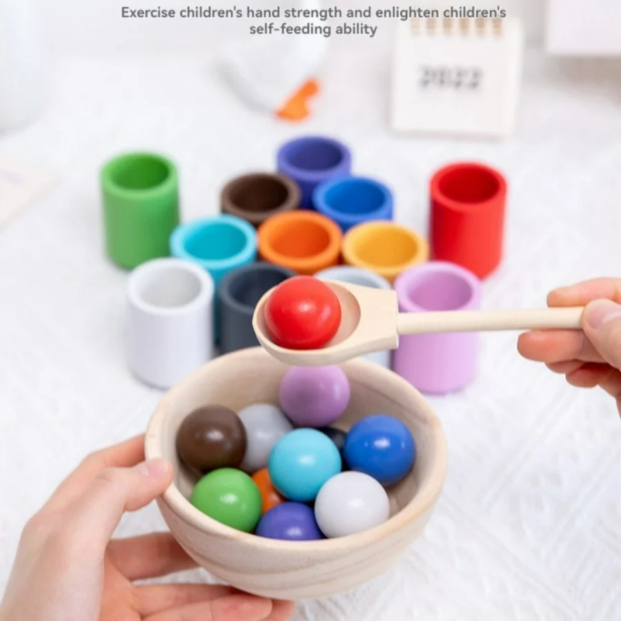 Giocattolo in legno Montessori Gioco di abbinamento colori Palline arcobaleno in tazze Giocattoli per l'apprendimento precoce per bambini in età prescolare dai 3 anni in su