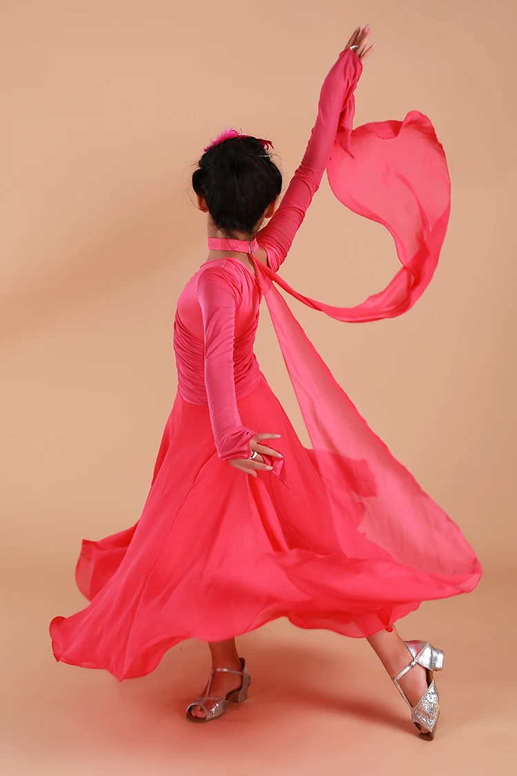 Girls Child Long Sleeve Tango Rumba Samba Flamenco Waltz Dance Competition Dress Dancewear Kids Standard Ballroom Dance Dress